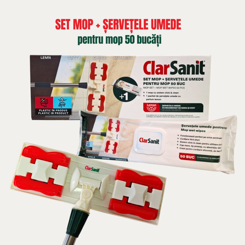 set mop click and clean cu șervețele umede bicarbonat 50 buc
