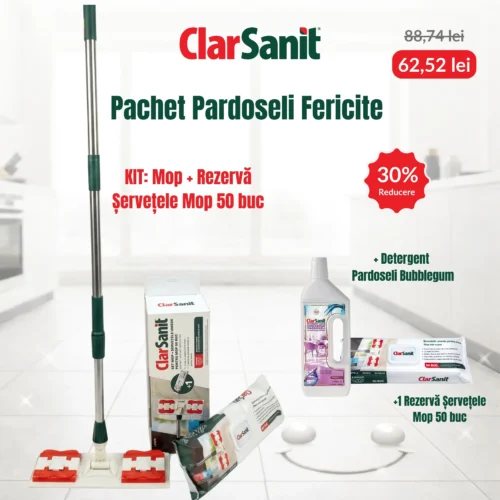 Pachet ClarSanit Pardoseli – Kit Mop Click & Clean (cu 1 rezervă 50 buc) + Detergent Pardoseli Bubblegum - 750ml + Rezervă Extra 50 buc - imagine 1