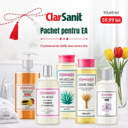 Pachet ClarSanit pentru Ea – Gama EdenTouch: Apă micelară, Soluție tonică, Șampon, Gel de duș și Săpun lichid - imagine 1