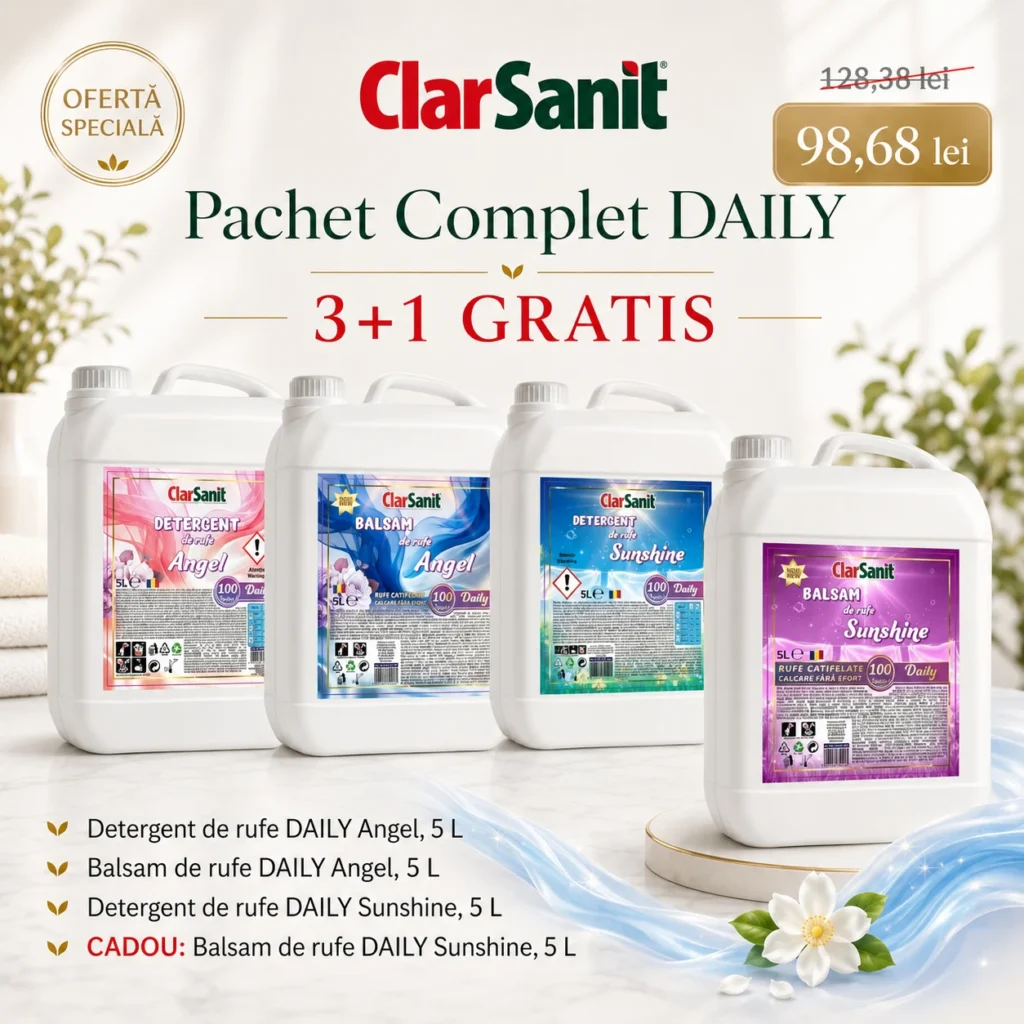 Pachet Complet ClarSanit DAILY Spălare Rufe 20L – 10L Detergent + 10L Balsam, 3+1 Gratis
