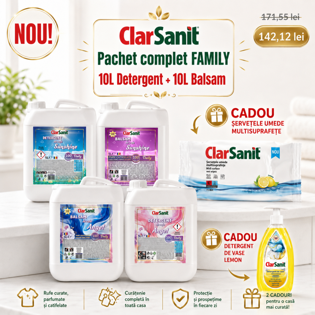 Pachet Complet ClarSanit FAMILY 10L Detergent + 10L Balsam + CADOURI