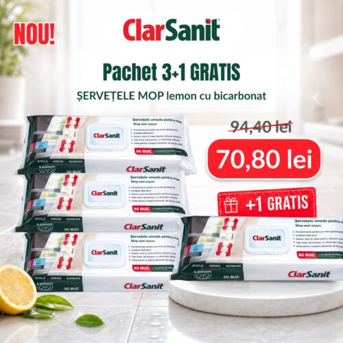 Șervețele Umede pentru mop ClarSanit Lemon cu bicarbonat de sodiu – Pachet 3+1 GRATIS - imagine 1