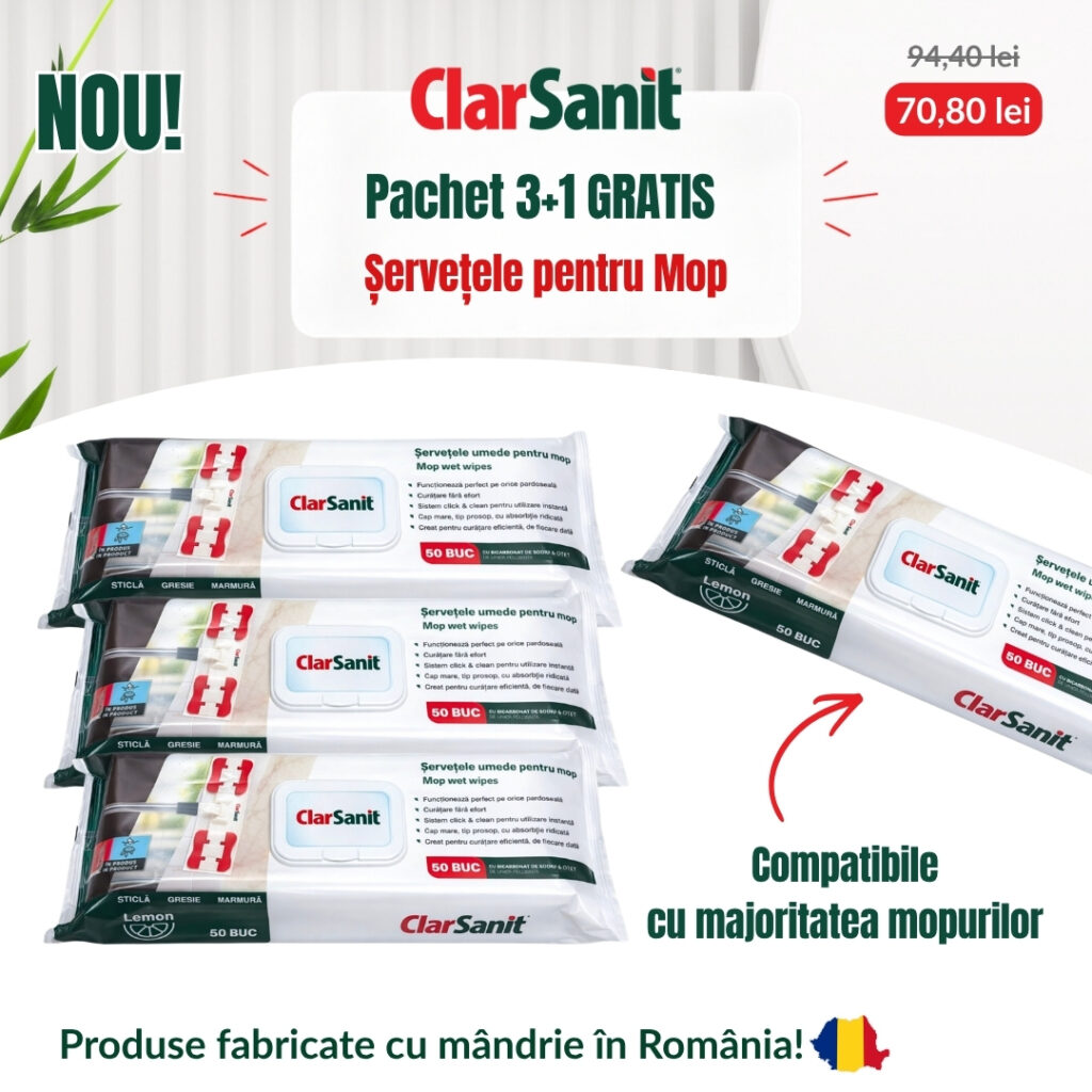 Șervețele Umede pentru mop ClarSanit Lemon cu bicarbonat de sodiu – Pachet 3+1 GRATIS