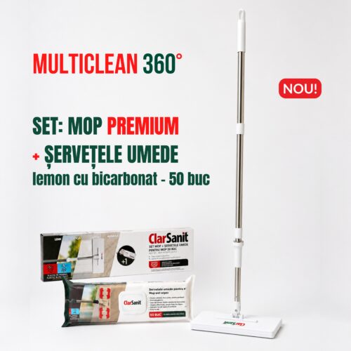 SET: Mop PREMIUM MultiClean 360° + Șervețele Umede cu Bicarbonat (50 buc)– ClarSanit, parfum Lemon - imagine 1